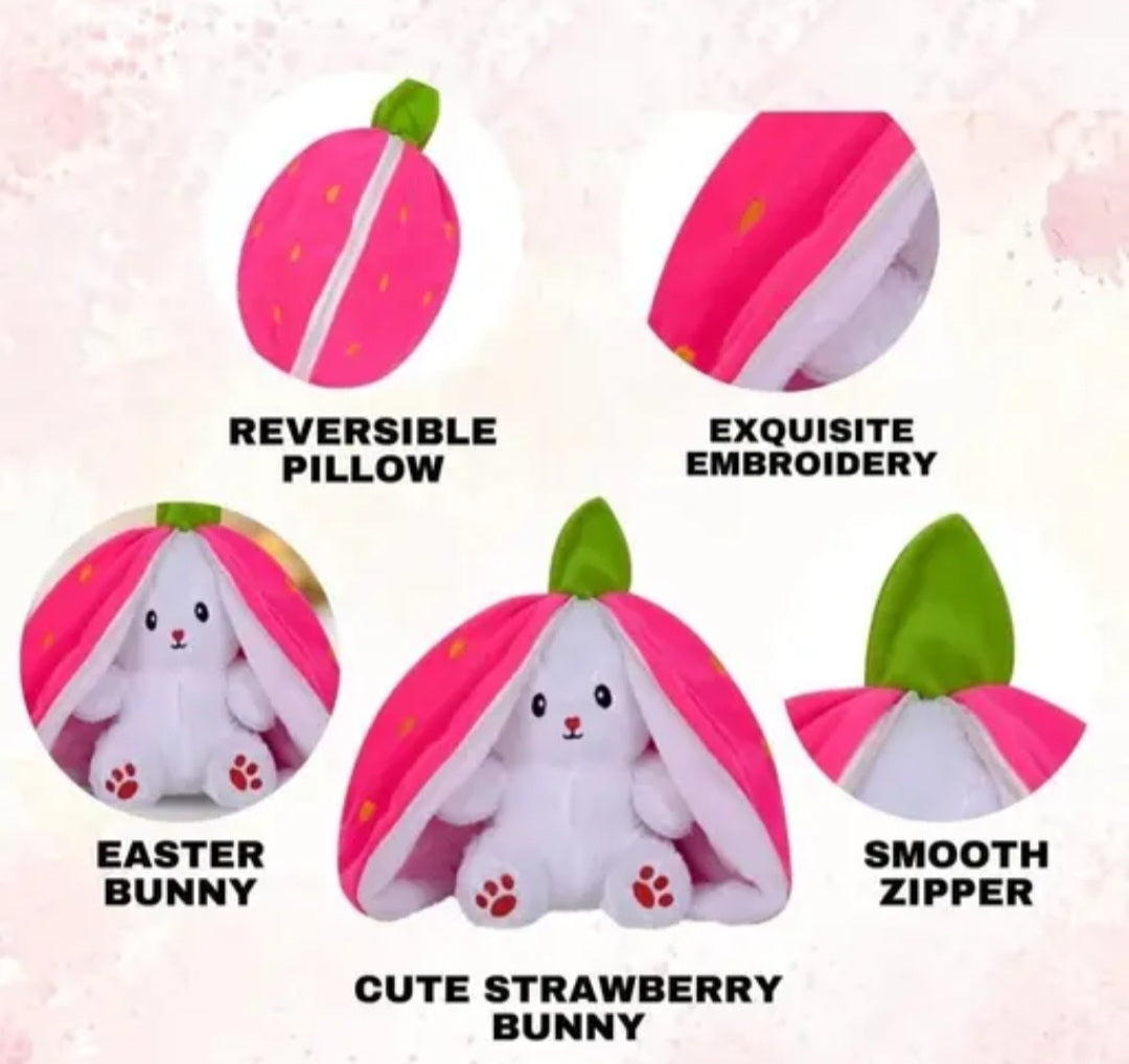 Kids Strawberry Bunny Pillow – Reversible Design with Fine Embroidery